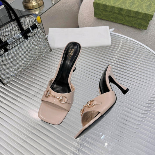 GG Gold Buckle Slide Sandal 80mm Beige Patent Leather 457561
