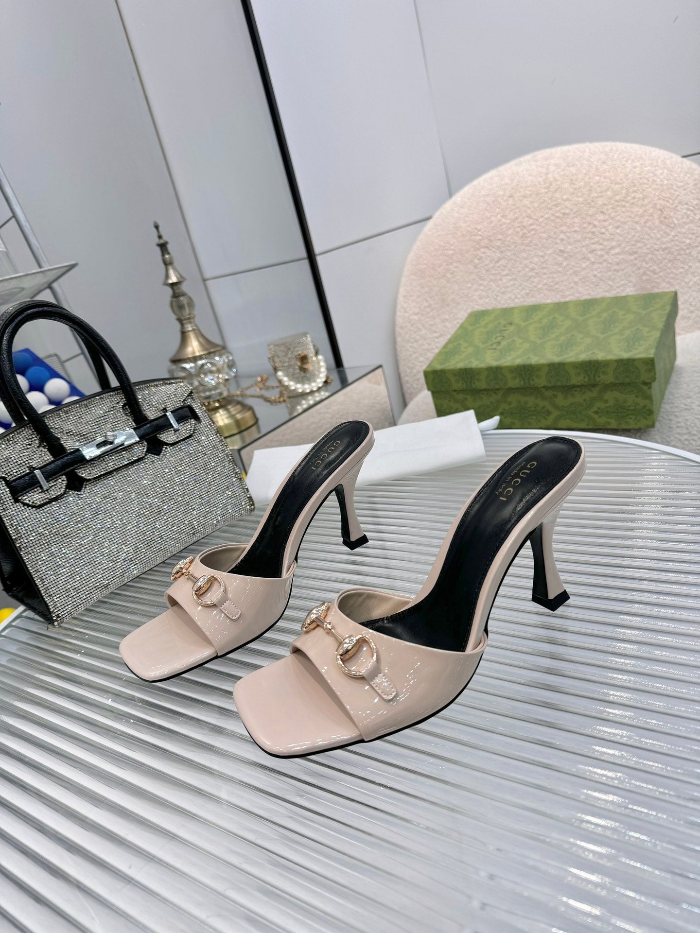 GG Gold Buckle Slide Sandal 80mm Beige Patent Leather 457561