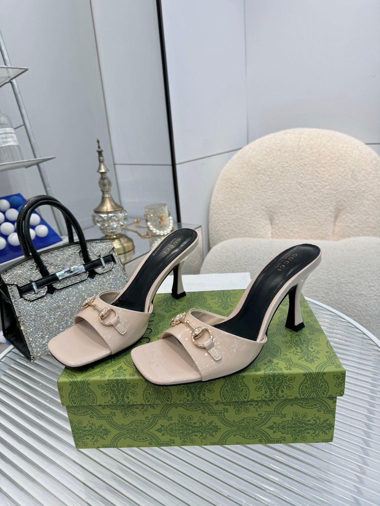 GG Gold Buckle Slide Sandal 80mm Beige Patent Leather 457561