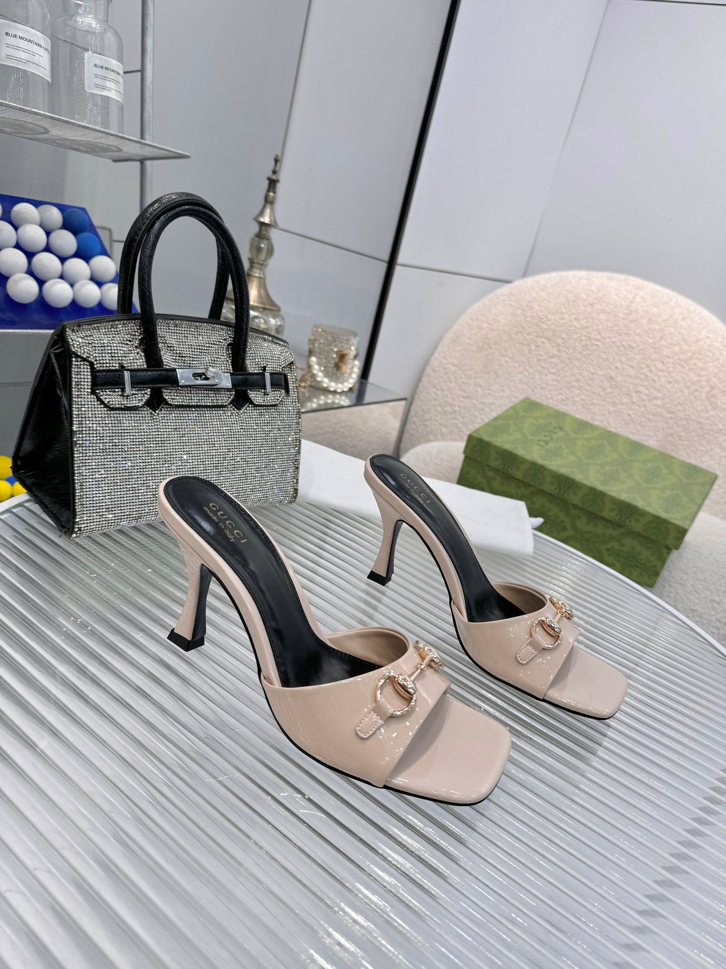 GG Gold Buckle Slide Sandal 80mm Beige Patent Leather 457561
