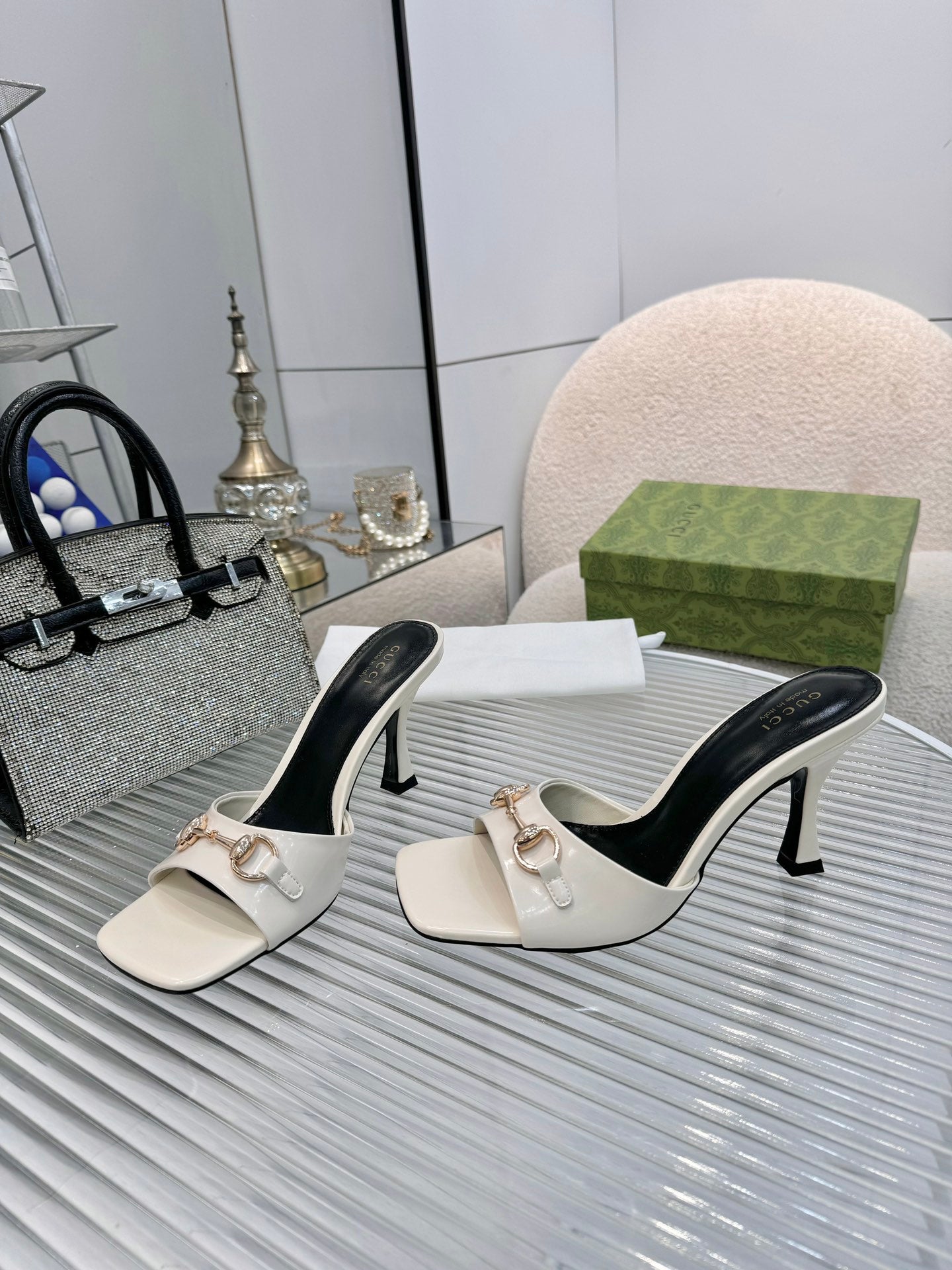 GG Gold Buckle Slide Sandal 80mm White Patent Leather 457562