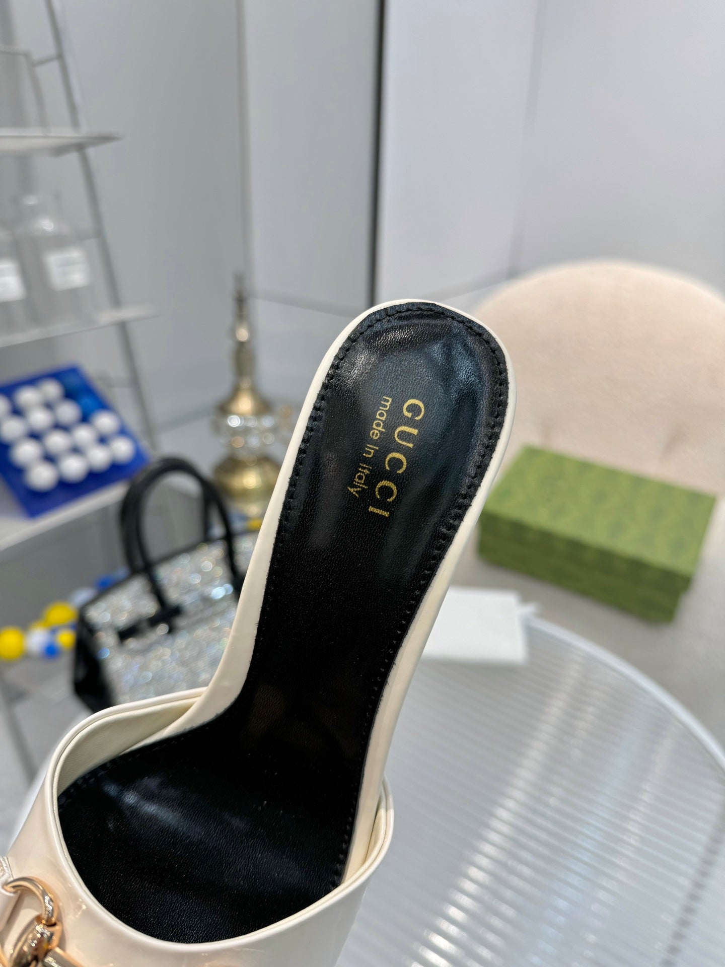 GG Gold Buckle Slide Sandal 80mm White Patent Leather 457562