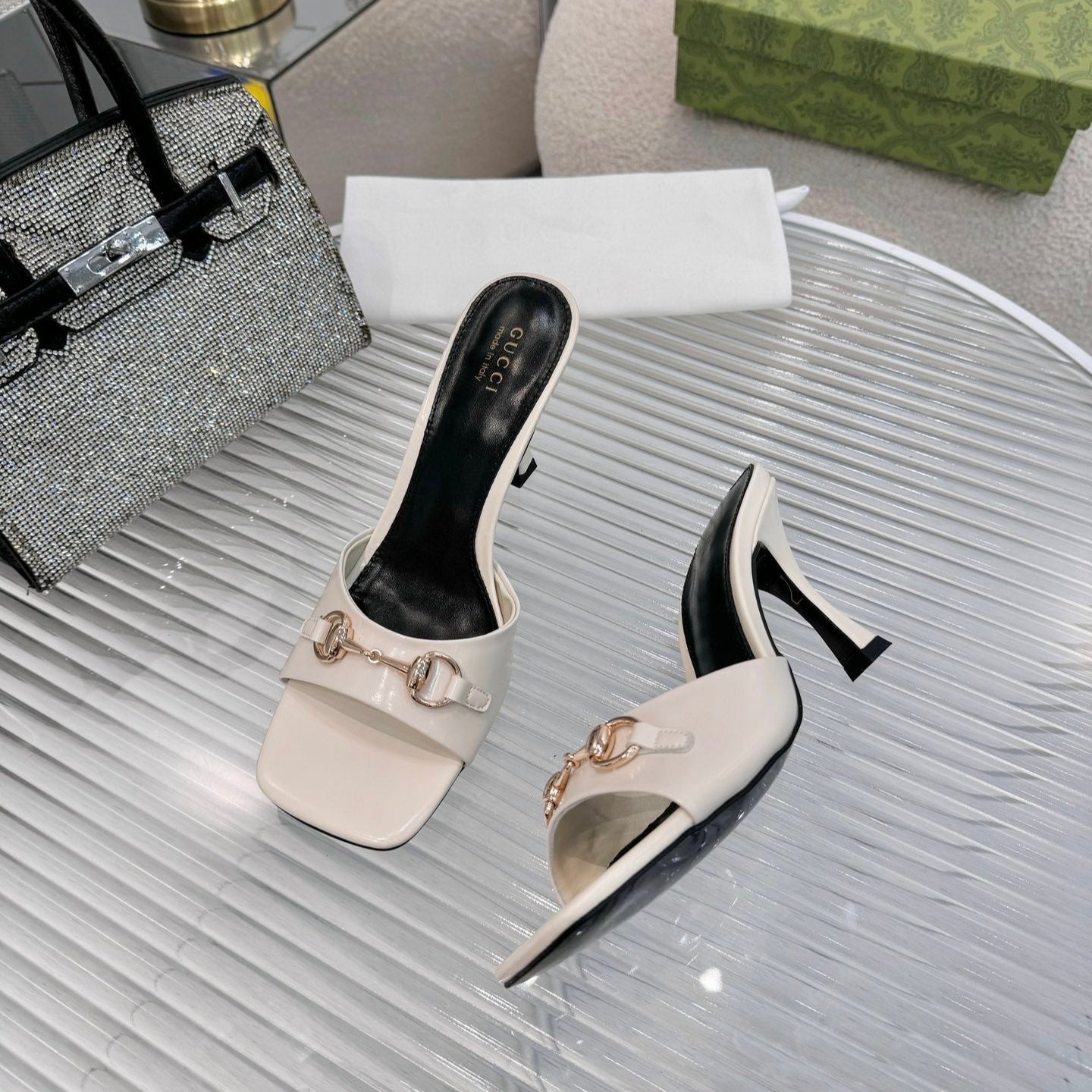 GG Gold Buckle Slide Sandal 80mm White Patent Leather 457562