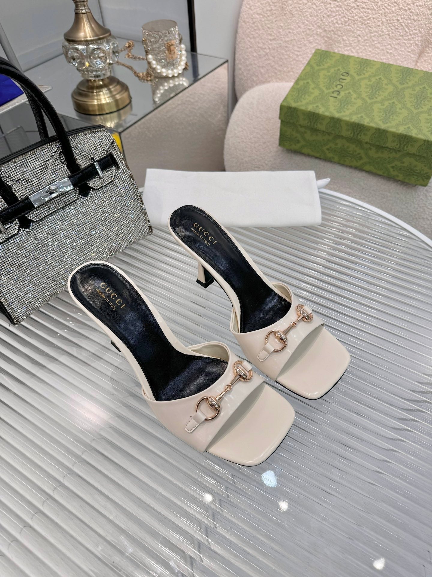 GG Gold Buckle Slide Sandal 80mm White Patent Leather 457562