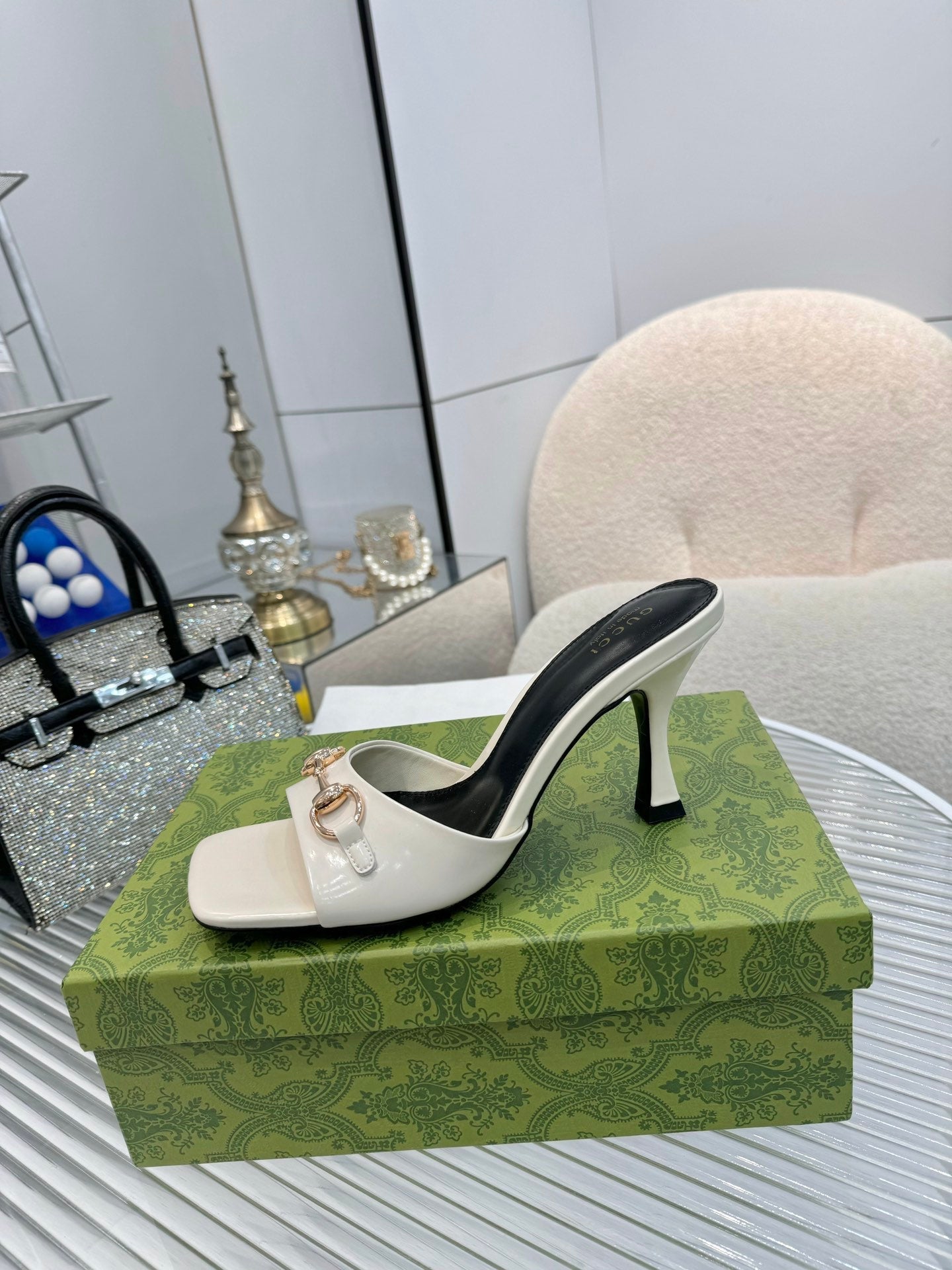 GG Gold Buckle Slide Sandal 80mm White Patent Leather 457562