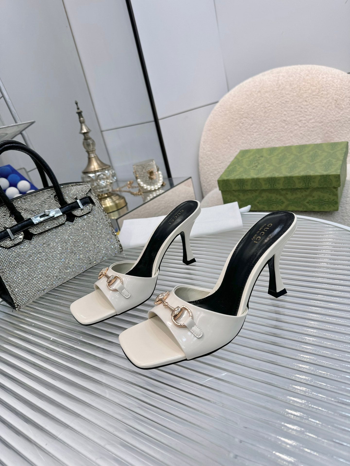 GG Gold Buckle Slide Sandal 80mm White Patent Leather 457562