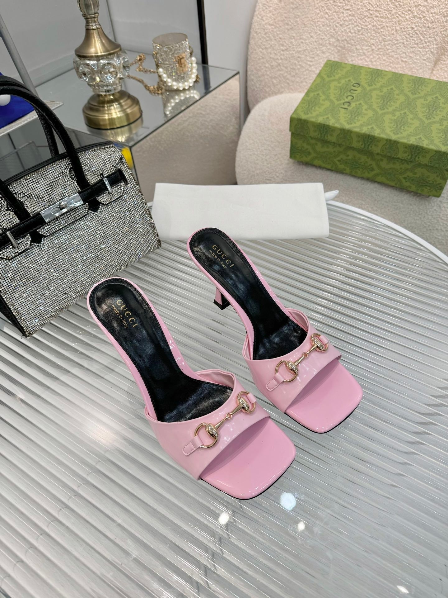 GG Gold Buckle Slide Sandal 80mm Light Pink Patent Leather 457563