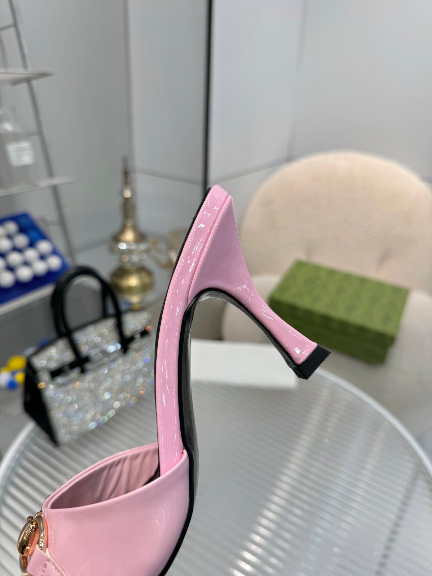 GG Gold Buckle Slide Sandal 80mm Light Pink Patent Leather 457563
