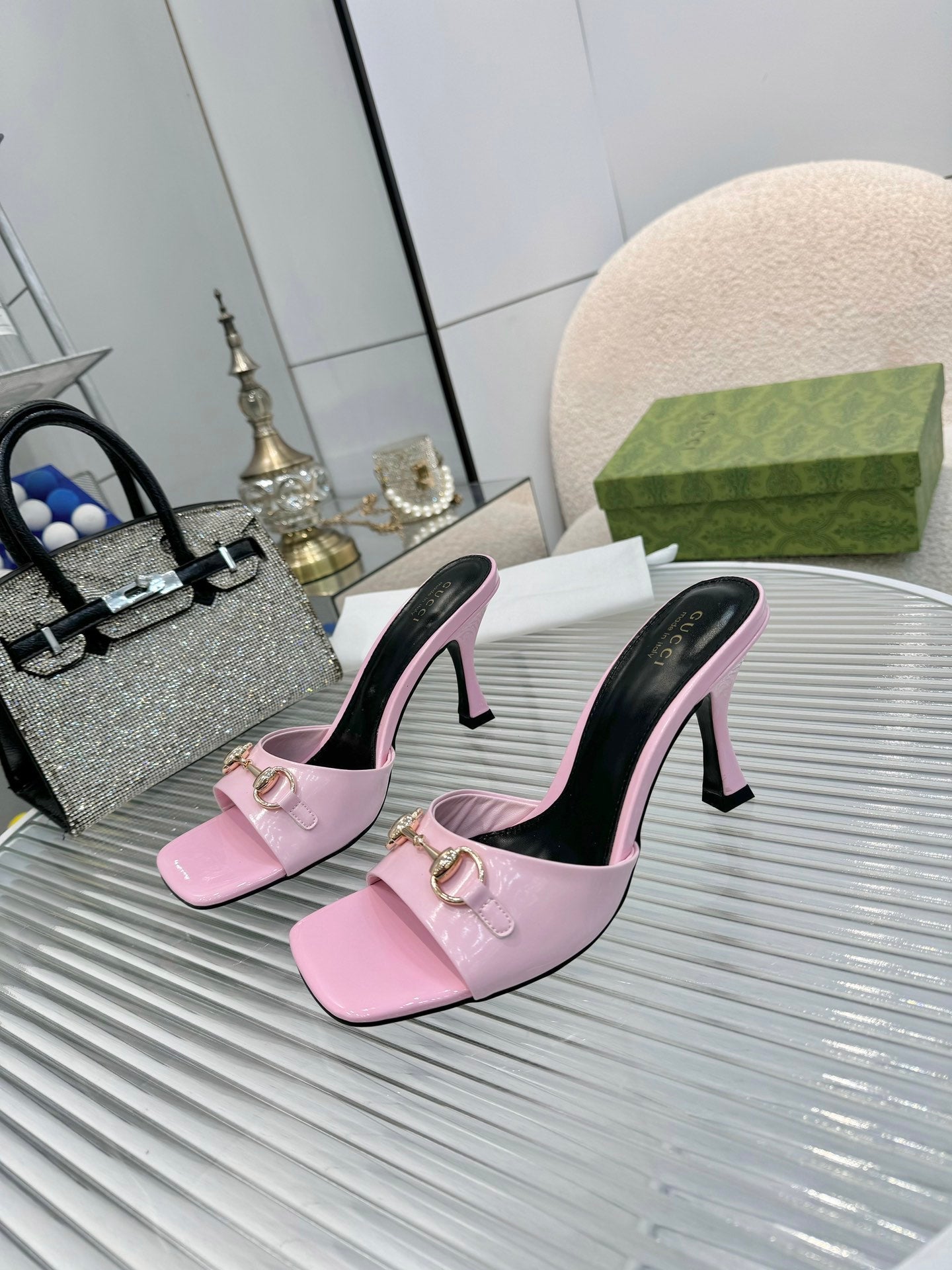 GG Gold Buckle Slide Sandal 80mm Light Pink Patent Leather 457563