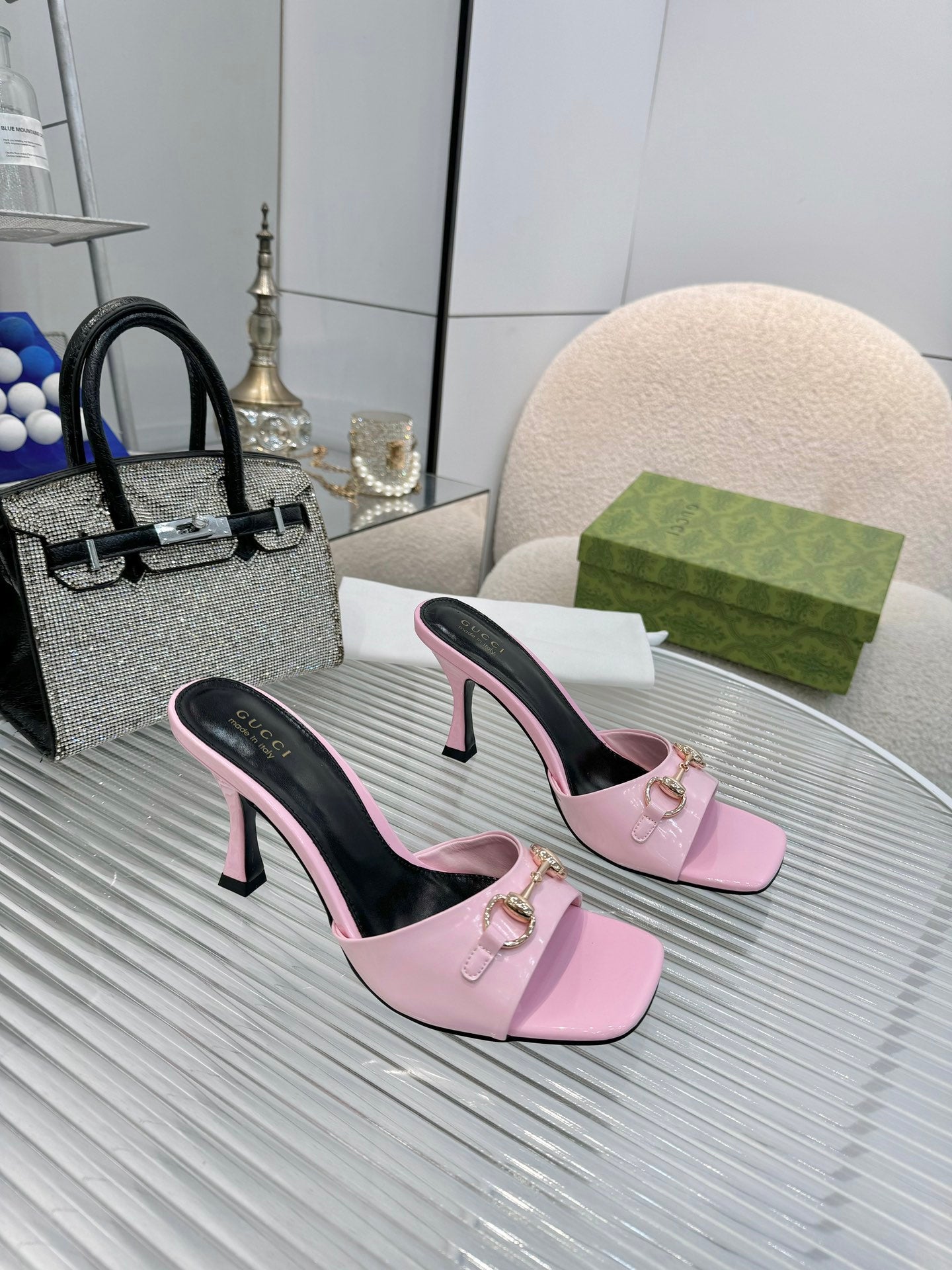 GG Gold Buckle Slide Sandal 80mm Light Pink Patent Leather 457563