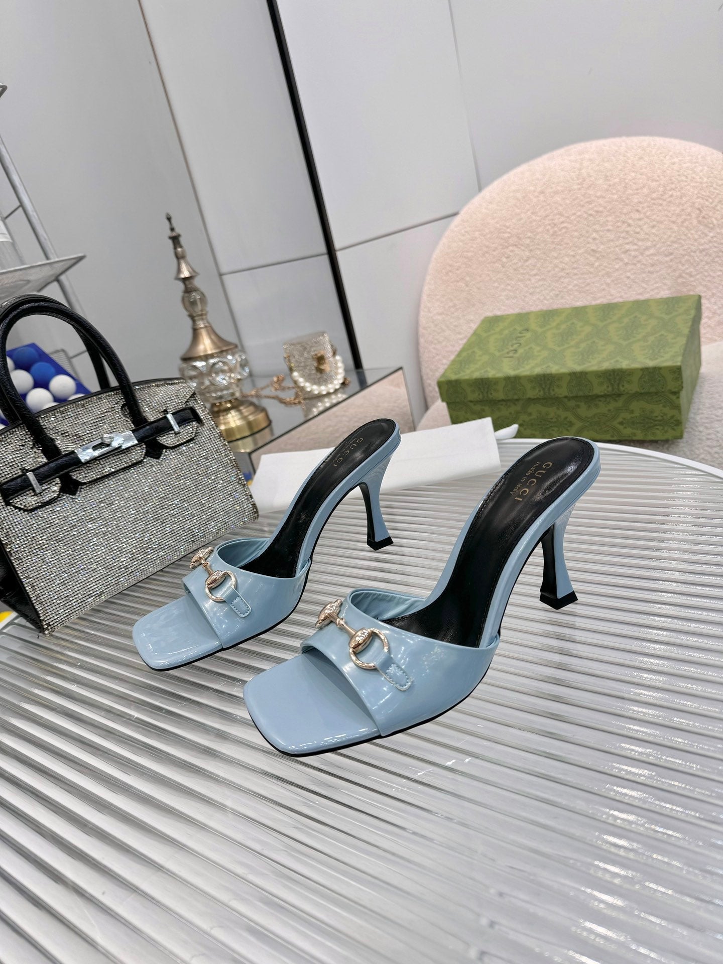 GG Gold Buckle Slide Sandal 80mm Blue-gray Patent Leather 457564
