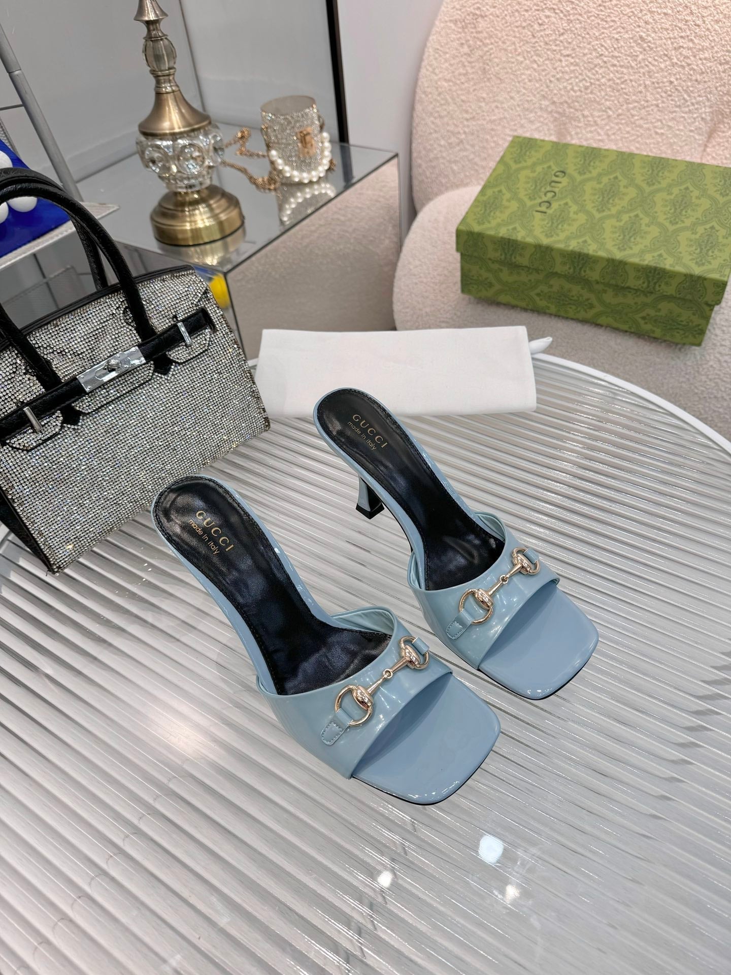 GG Gold Buckle Slide Sandal 80mm Blue-gray Patent Leather 457564