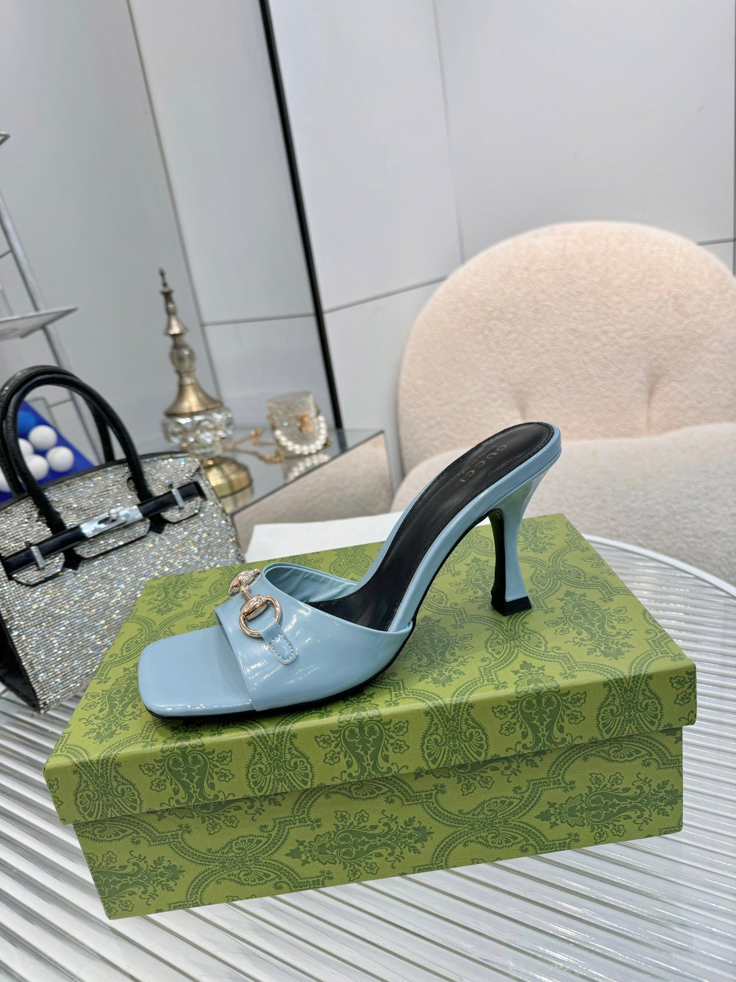GG Gold Buckle Slide Sandal 80mm Blue-gray Patent Leather 457564