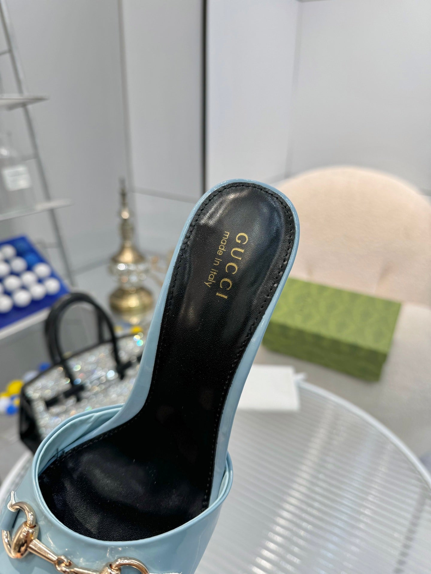 GG Gold Buckle Slide Sandal 80mm Blue-gray Patent Leather 457564