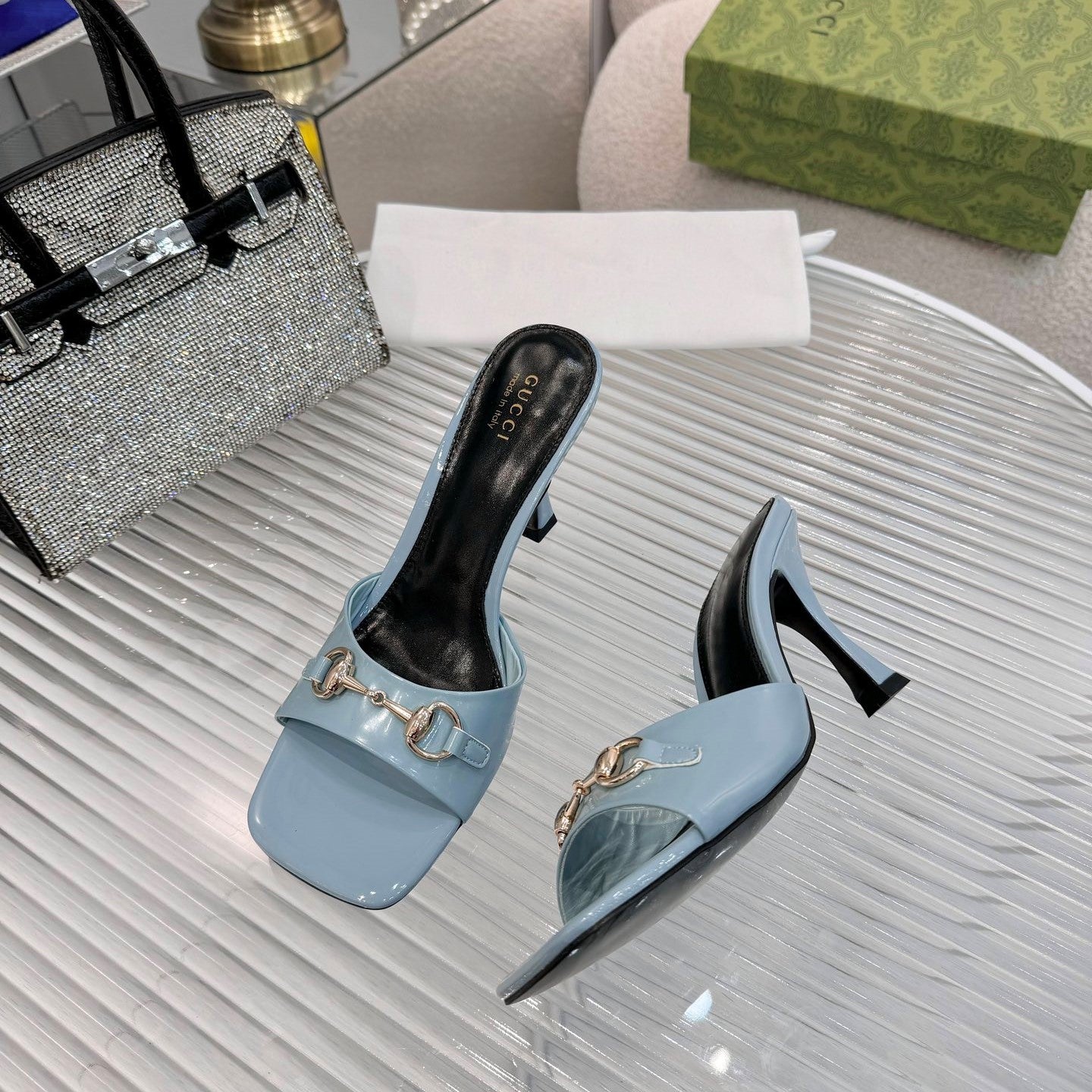 GG Gold Buckle Slide Sandal 80mm Blue-gray Patent Leather 457564