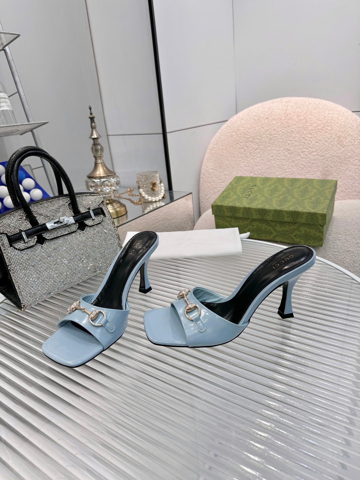 GG Gold Buckle Slide Sandal 80mm Blue-gray Patent Leather 457564