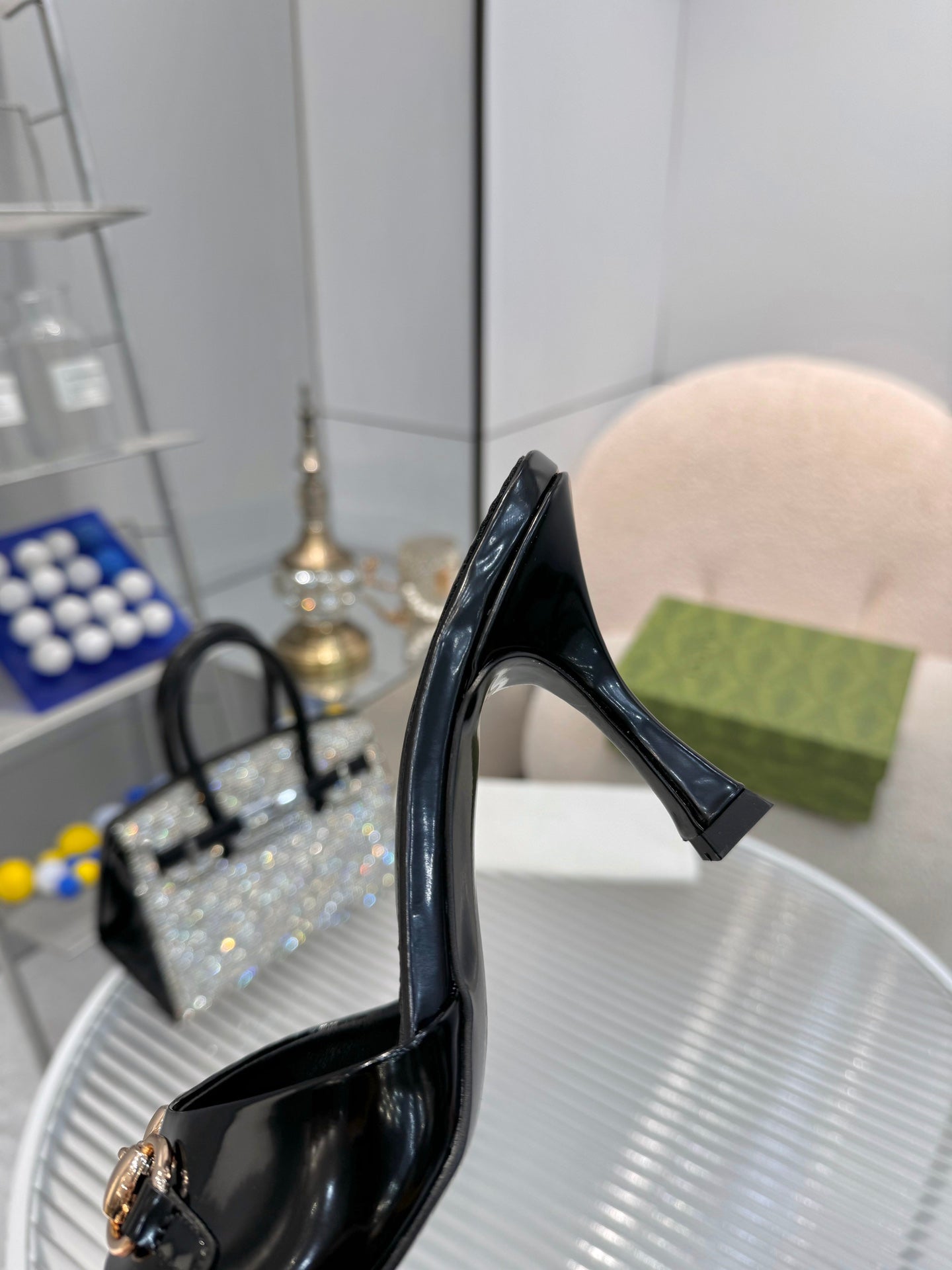 GG Gold Buckle Slide Sandal 80mm Black Patent Leather 457565