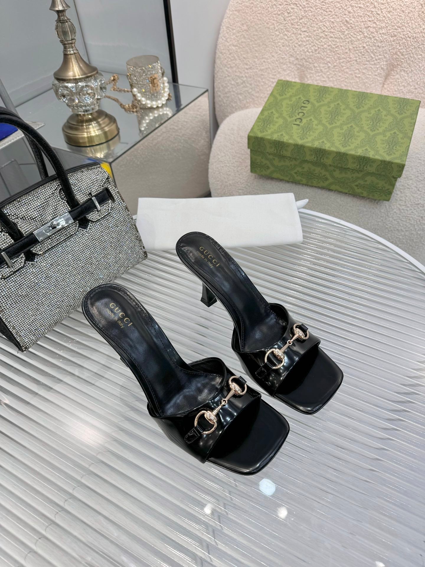 GG Gold Buckle Slide Sandal 80mm Black Patent Leather 457565