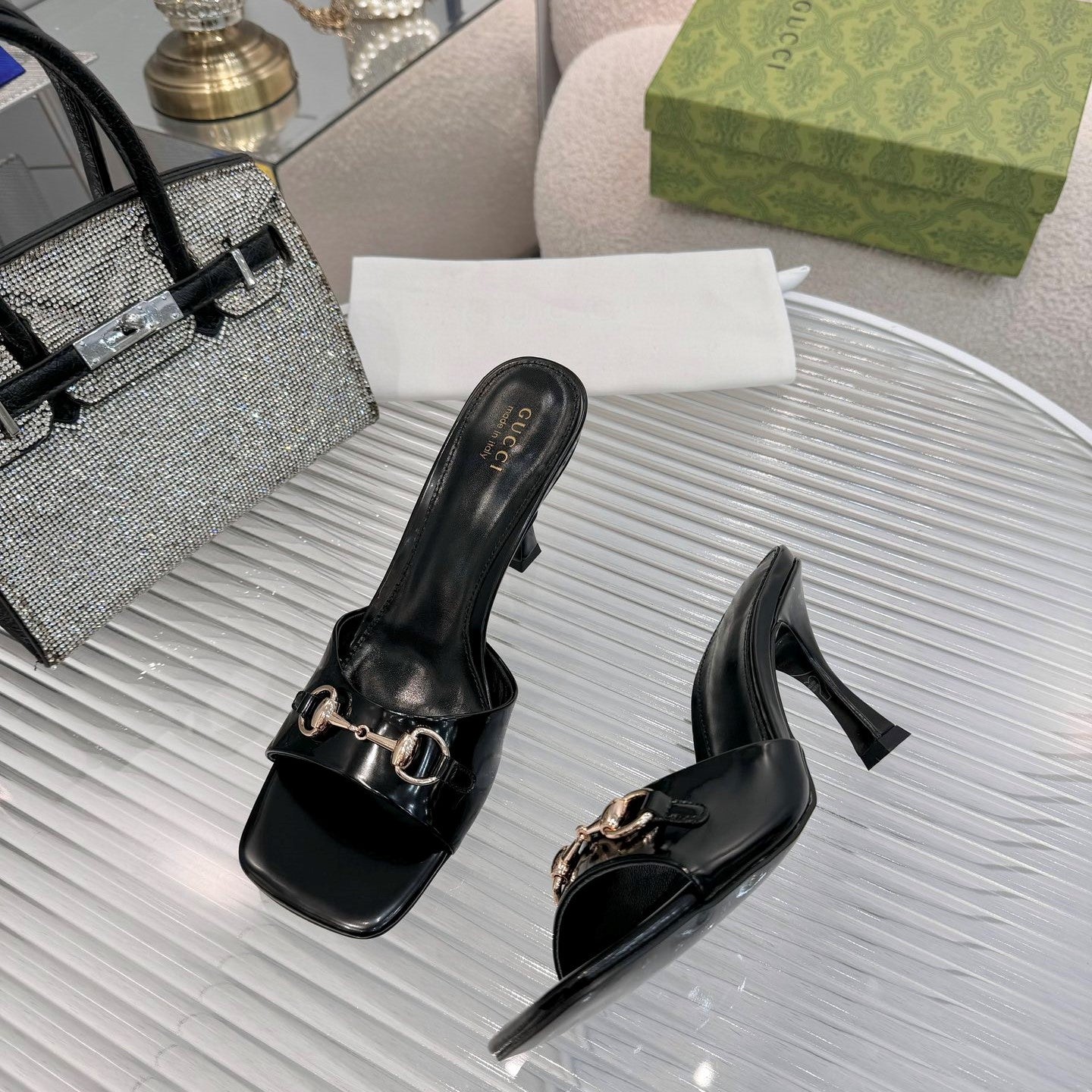 GG Gold Buckle Slide Sandal 80mm Black Patent Leather 457565