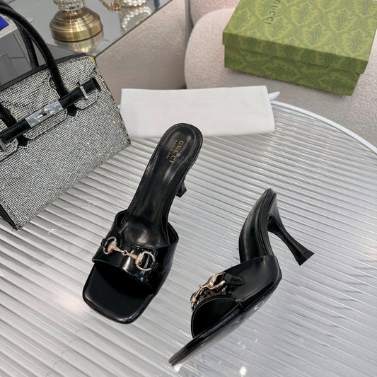 GG Gold Buckle Slide Sandal 80mm Black Patent Leather 457565