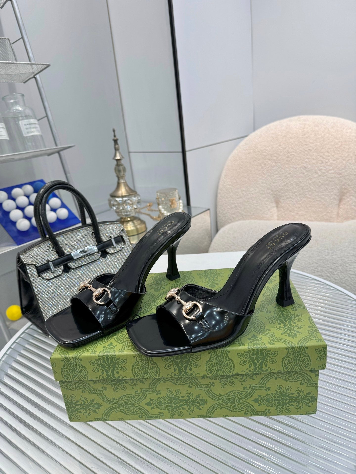 GG Gold Buckle Slide Sandal 80mm Black Patent Leather 457565