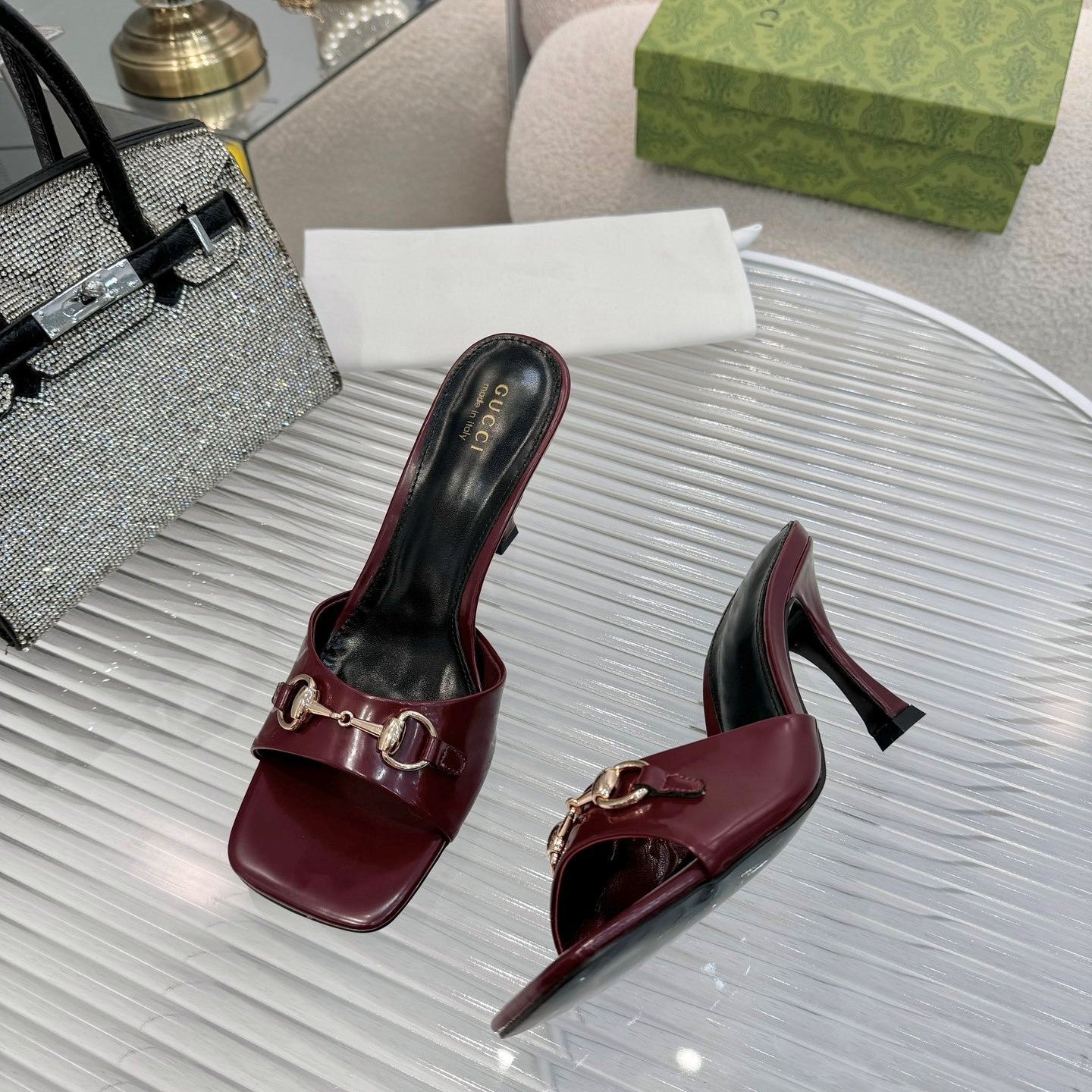 GG Gold Buckle Slide Sandal 80mm Burgundy Patent Leather 457566