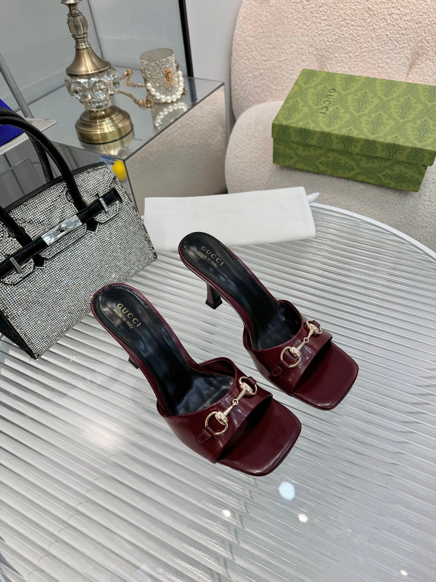 GG Gold Buckle Slide Sandal 80mm Burgundy Patent Leather 457566