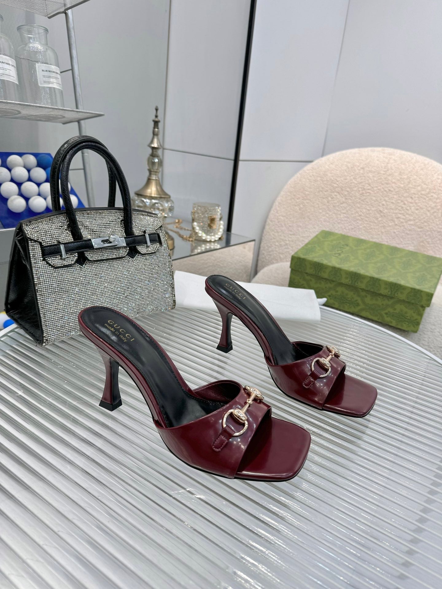 GG Gold Buckle Slide Sandal 80mm Burgundy Patent Leather 457566