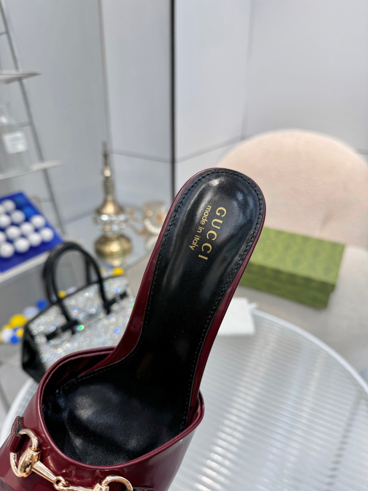 GG Gold Buckle Slide Sandal 80mm Burgundy Patent Leather 457566