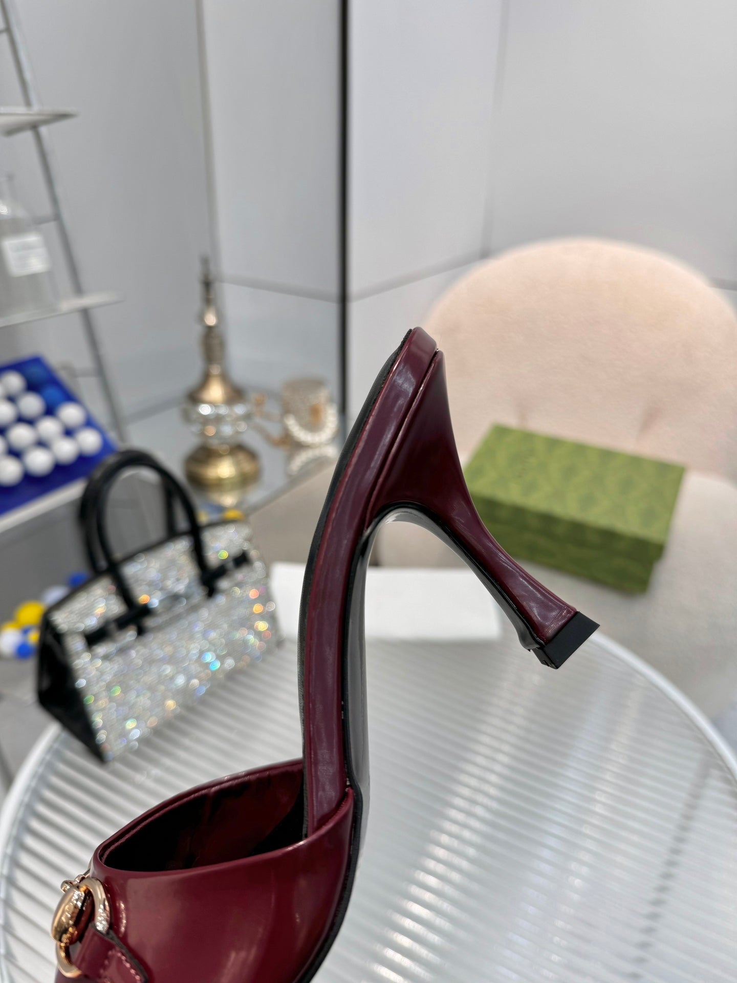 GG Gold Buckle Slide Sandal 80mm Burgundy Patent Leather 457566