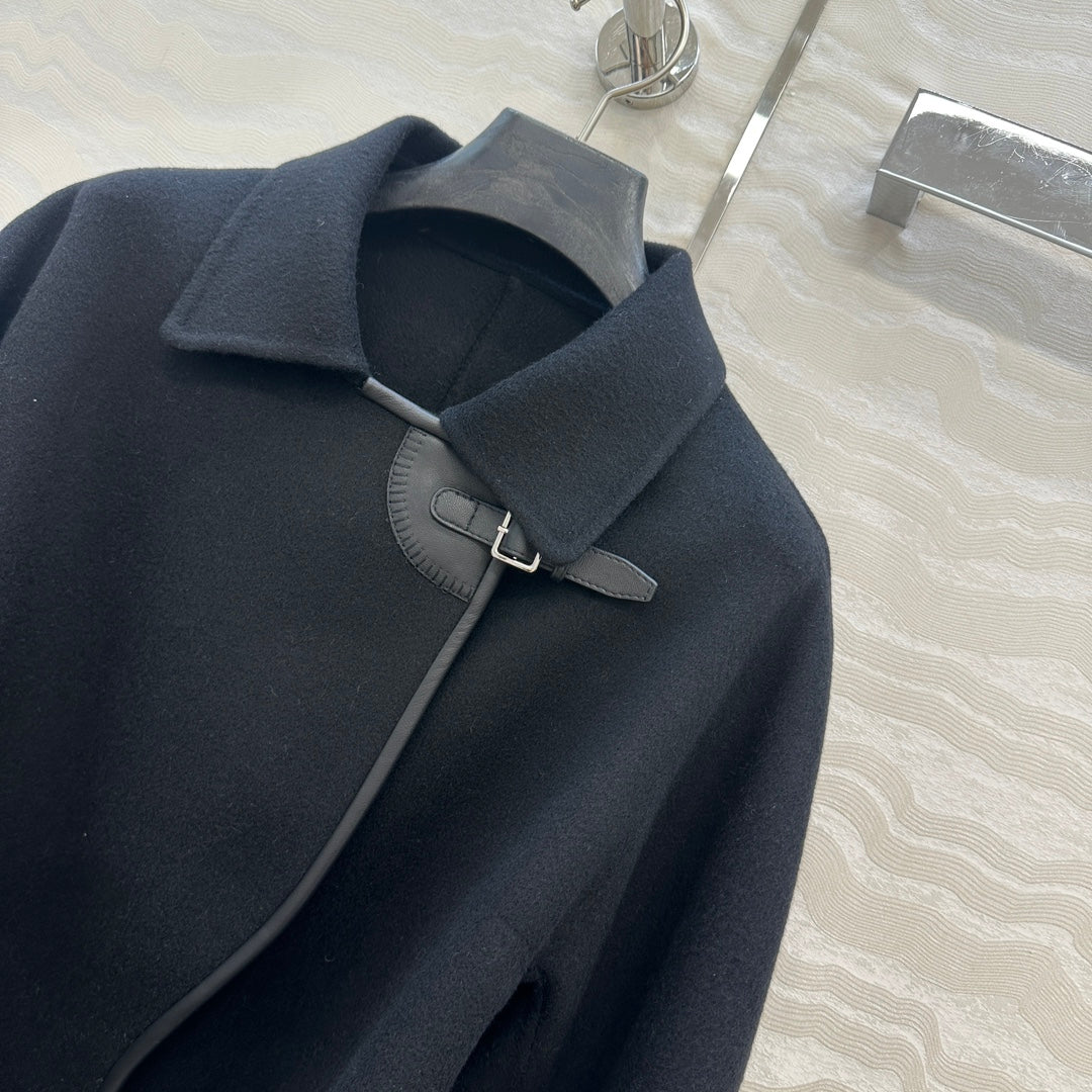 HM SS26 Leather Trimmed Coat Black Wool Cashmere 351147