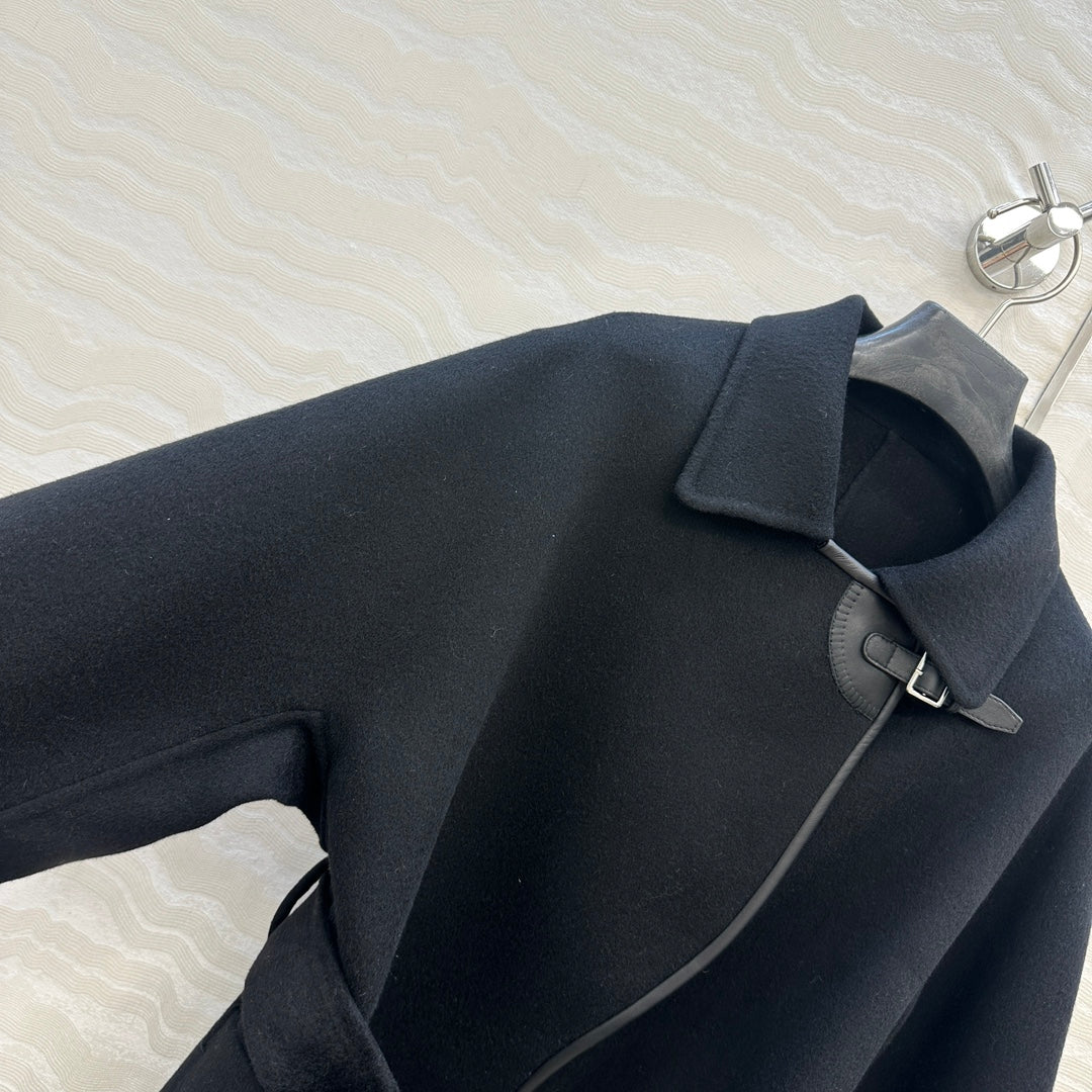 HM SS26 Leather Trimmed Coat Black Wool Cashmere 351147