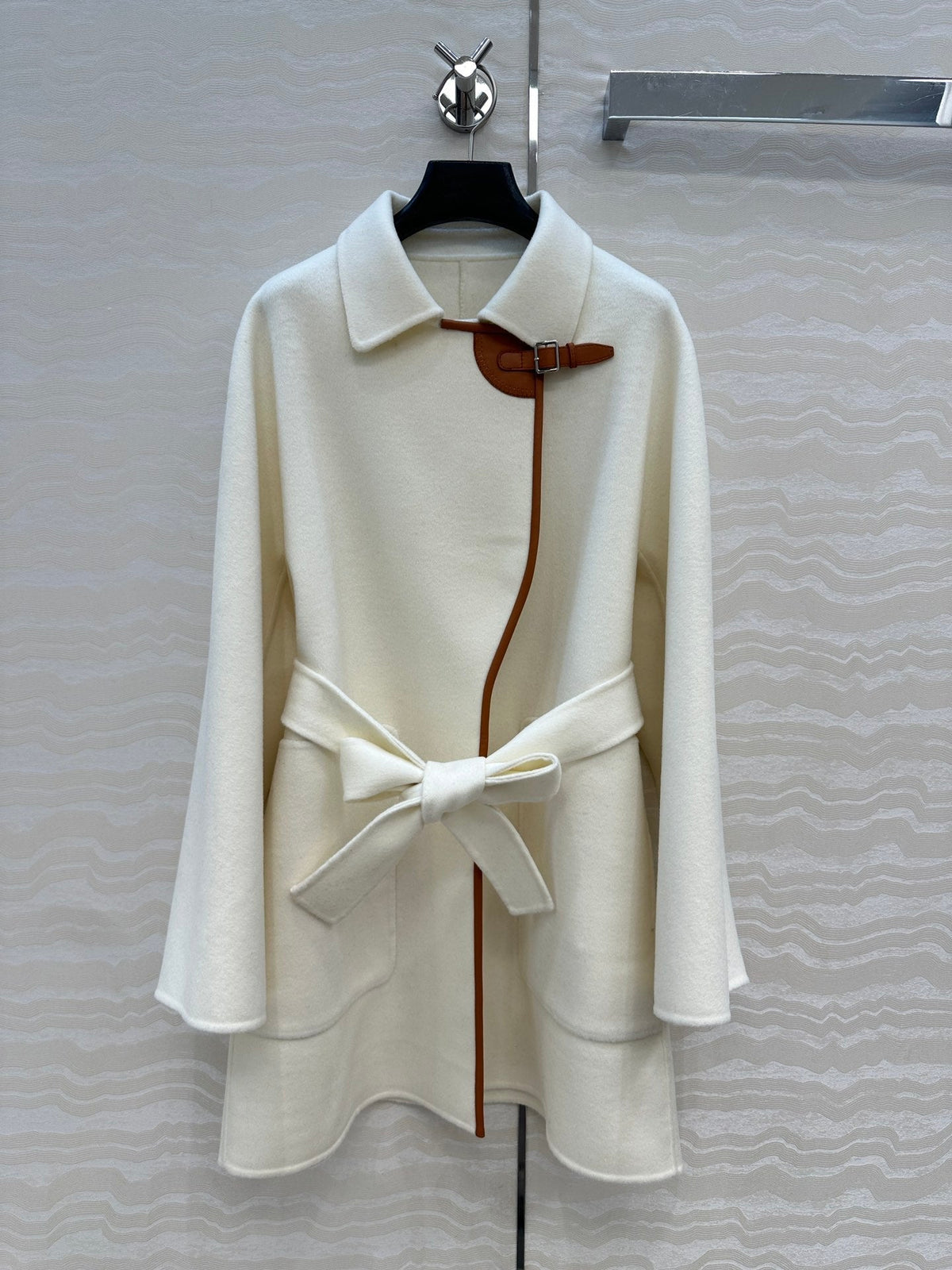 HM SS26 Leather Trimmed Coat Ivory Wool Cashmere  351141