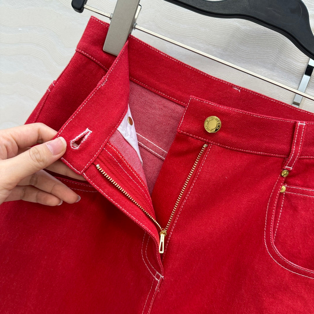 HM SS26 High-Waist Straight-Leg Denim Pants Red Cotton 351133
