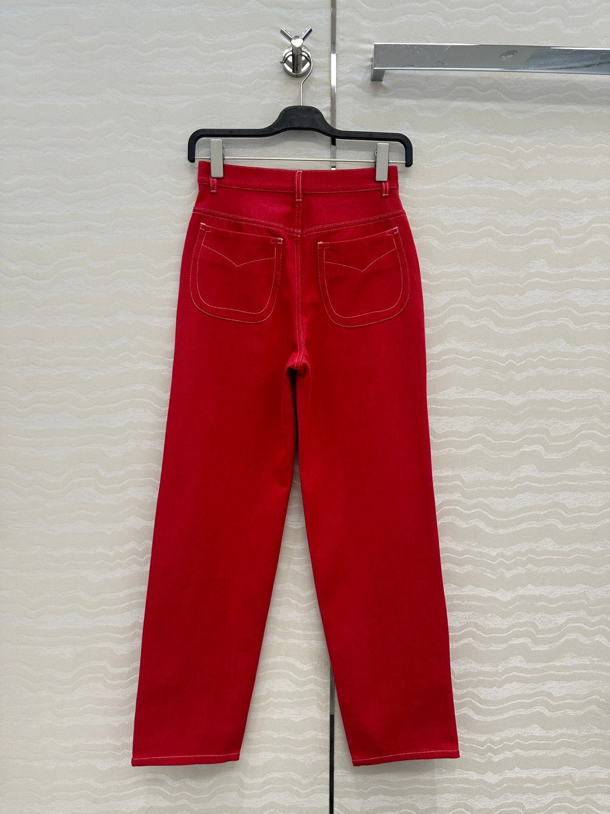 HM SS26 High-Waist Straight-Leg Denim Pants Red Cotton 351133