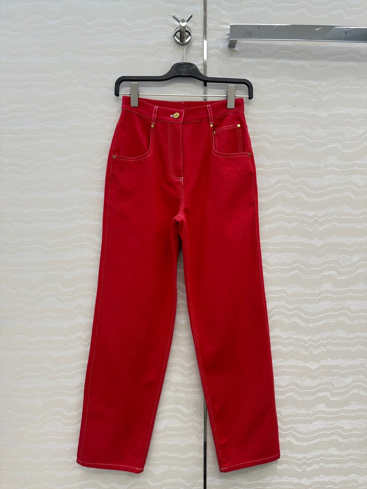 HM SS26 High-Waist Straight-Leg Denim Pants Red Cotton 351133