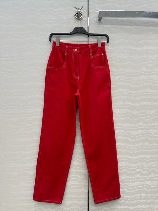 HM SS26 High-Waist Straight-Leg Denim Pants Red Cotton 351133
