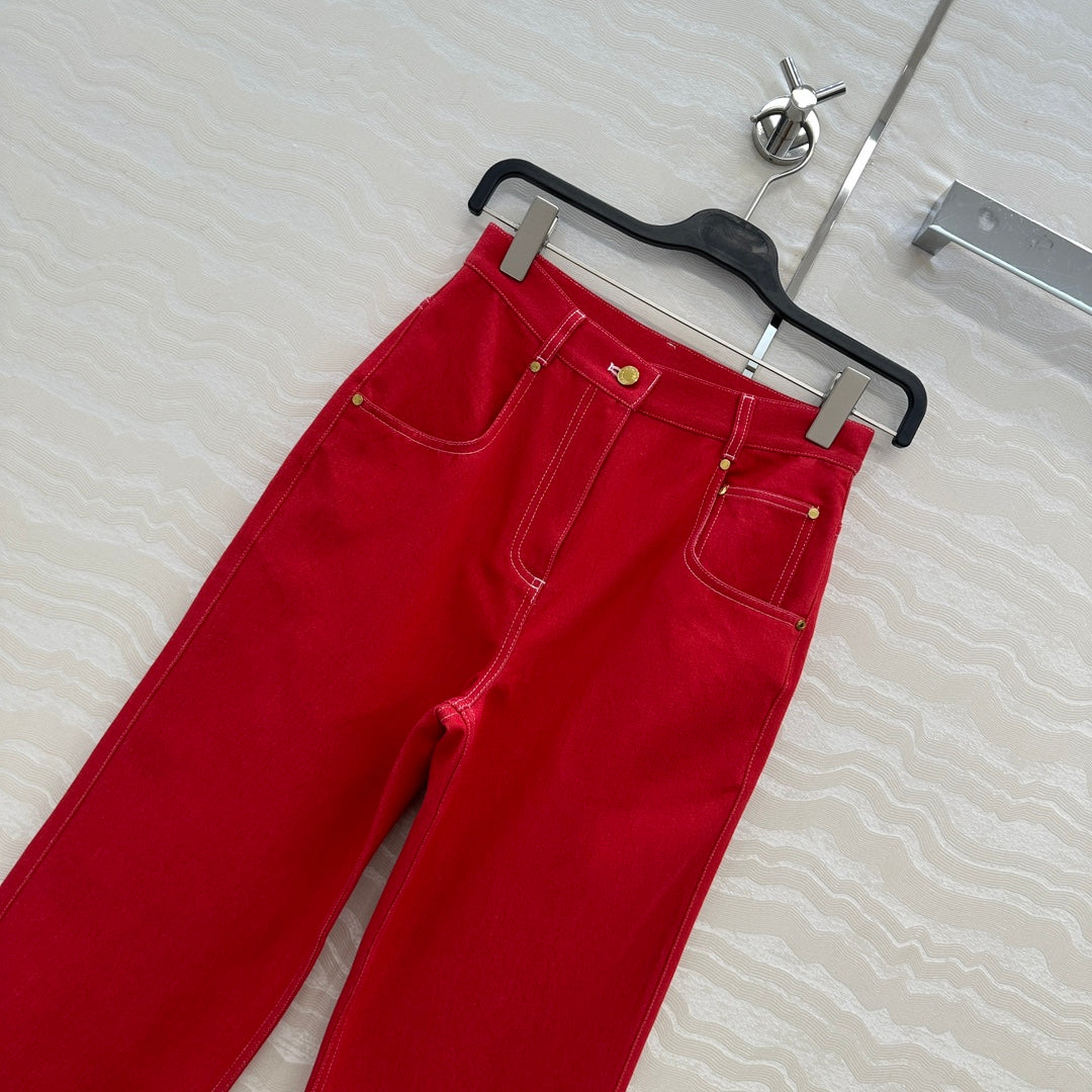 HM SS26 High-Waist Straight-Leg Denim Pants Red Cotton 351133