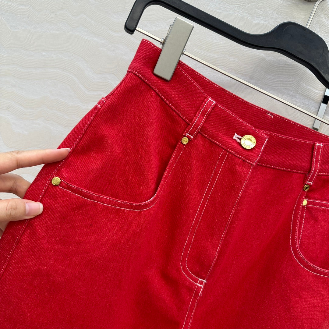 HM SS26 High-Waist Straight-Leg Denim Pants Red Cotton 351133