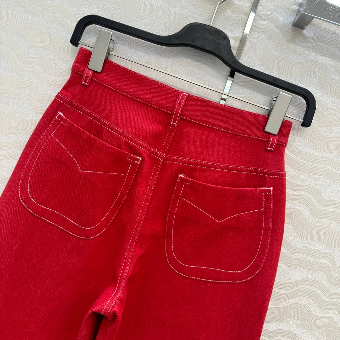 HM SS26 High-Waist Straight-Leg Denim Pants Red Cotton 351133