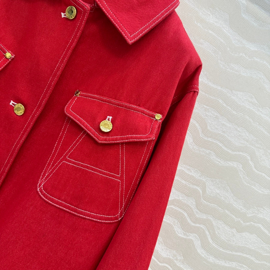 HM SS26 Horseshoe Pocket Oversized Denim Jacket Red Cotton 351136