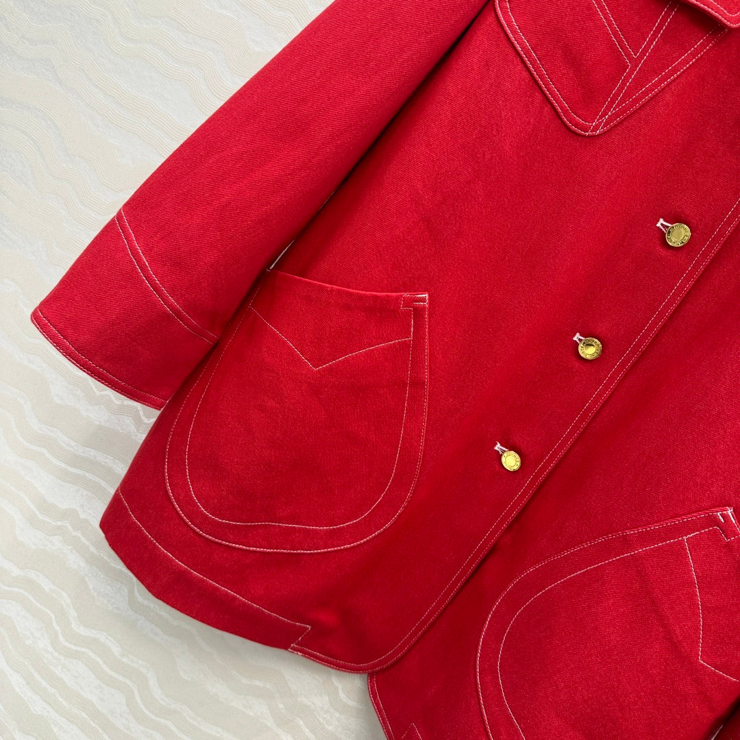 HM SS26 Horseshoe Pocket Oversized Denim Jacket Red Cotton 351136