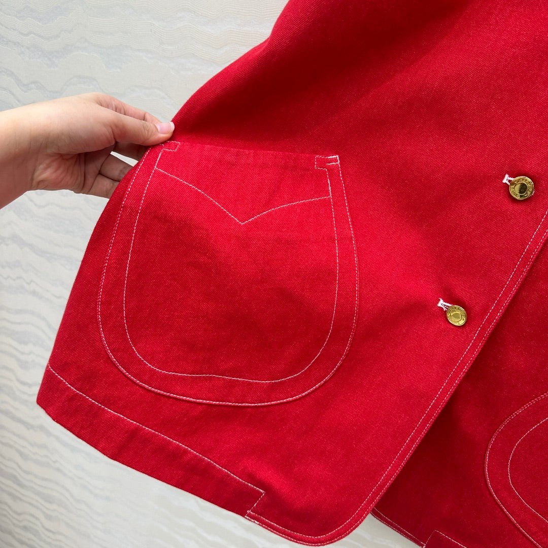 HM SS26 Horseshoe Pocket Oversized Denim Jacket Red Cotton 351136
