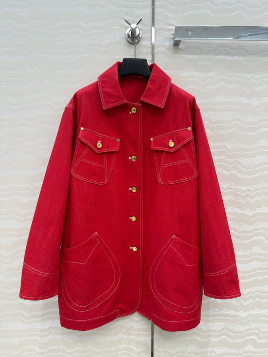 HM SS26 Horseshoe Pocket Oversized Denim Jacket Red Cotton 351136