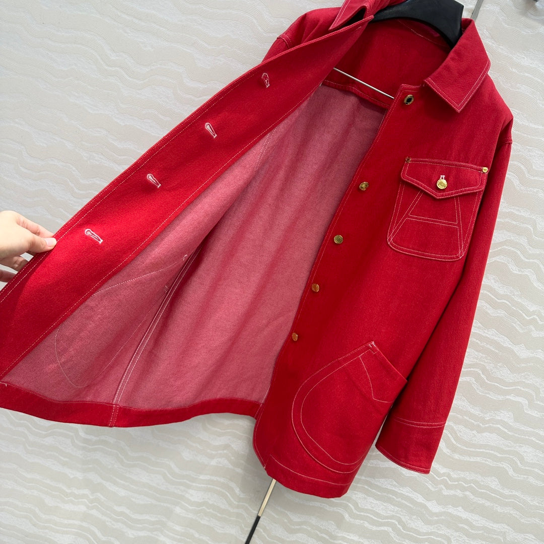 HM SS26 Horseshoe Pocket Oversized Denim Jacket Red Cotton 351136