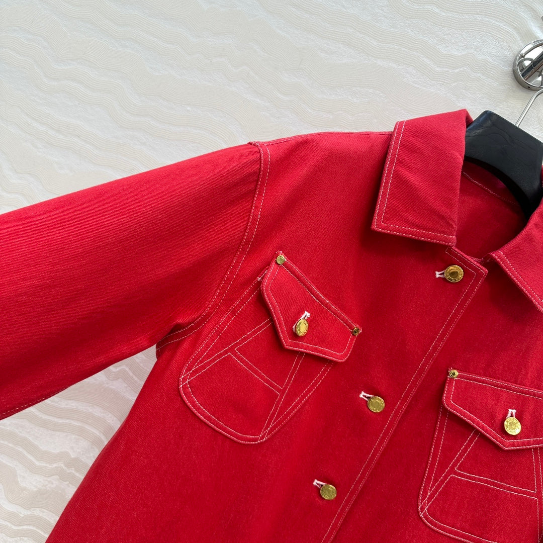 HM SS26 Horseshoe Pocket Oversized Denim Jacket Red Cotton 351136