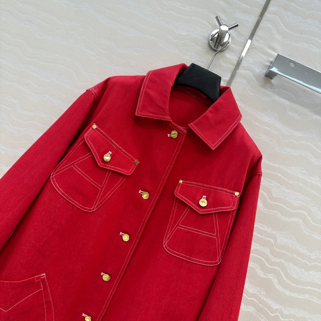 HM SS26 Horseshoe Pocket Oversized Denim Jacket Red Cotton 351136