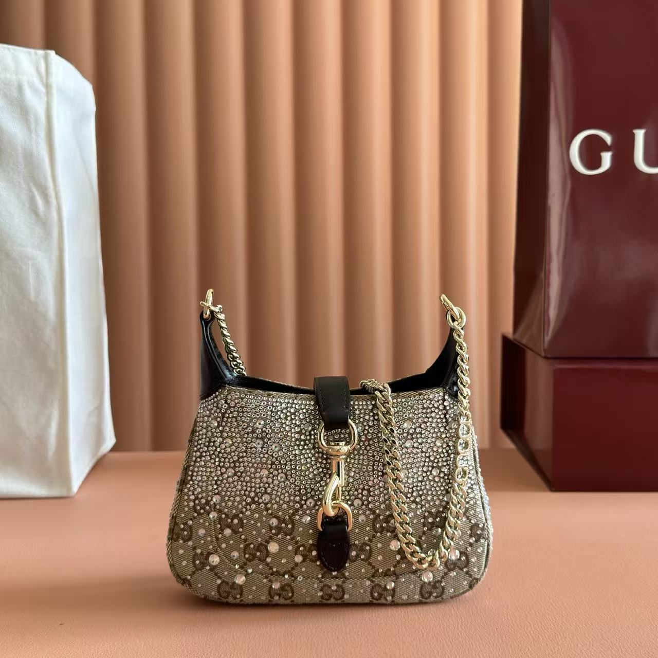 GG Jackie Notte Mini Crystal Bag Beige Brown Canvas