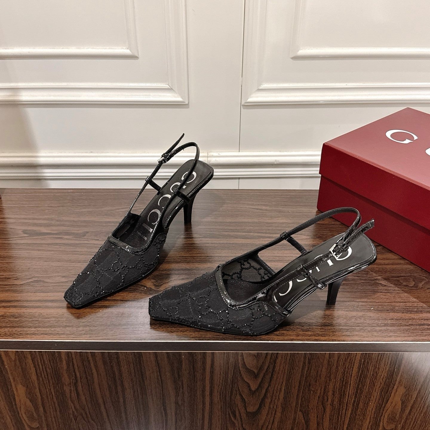 GG Demi Crystal-Embellished Slingback Pumps Black Mesh
