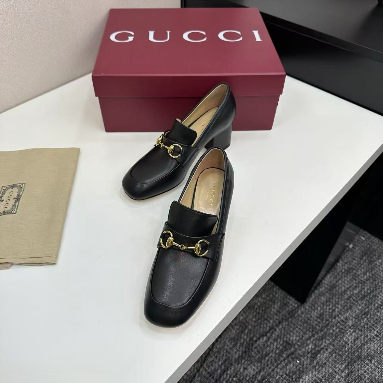 Gucci 2025 Lady Horsebit Loafer Pump Black Gold Leather
